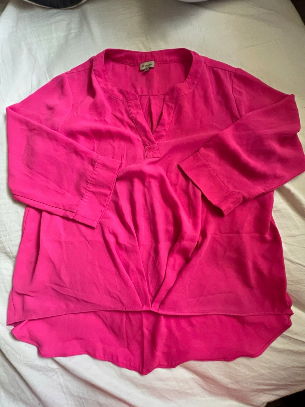 Cremieux Women’s Pink Solid V-Neck 3/4 Sleeve Pleated Woven Blouse M